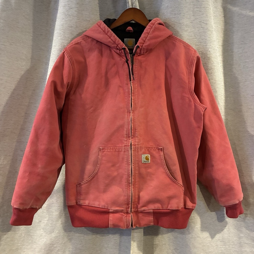 Carhartt Women's Size L (12-14) Jacket Pink Quilt Lined Hood WJ130 624 Distresse
